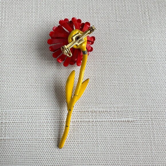 Vintage Red & Yellow Enamel Flower Brooch Pin 2.75" Retro Floral Jewelry - Picture 6 of 6